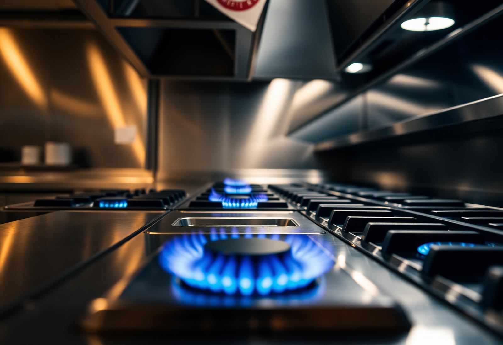 Commercial kitchen gas burners with blue flames